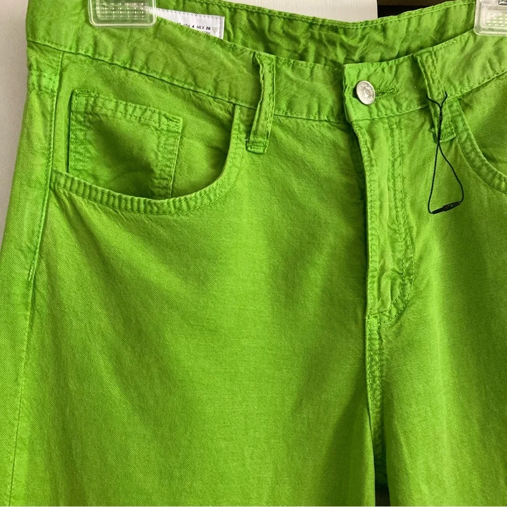 Zara Bright Green Linen Blend Mid Rise Full Length Wide Leg Pants, NWT Sz 4